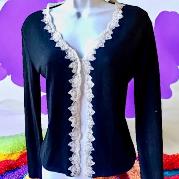 Blugirl Blumarine Black Cardigan Sweater Lace Trim Italian Designer Womens 6 - Picture 3 of 13